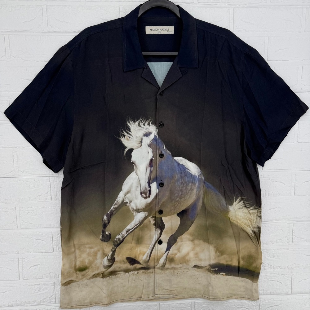 MAISON ARTICLE Wild Horse Graphic Print XL Button Up Camp Collar Shirt Alt Skate